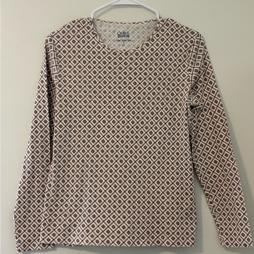 Croft & Barrow Cream and Brown Diamond-Print Long-Sleeve Top